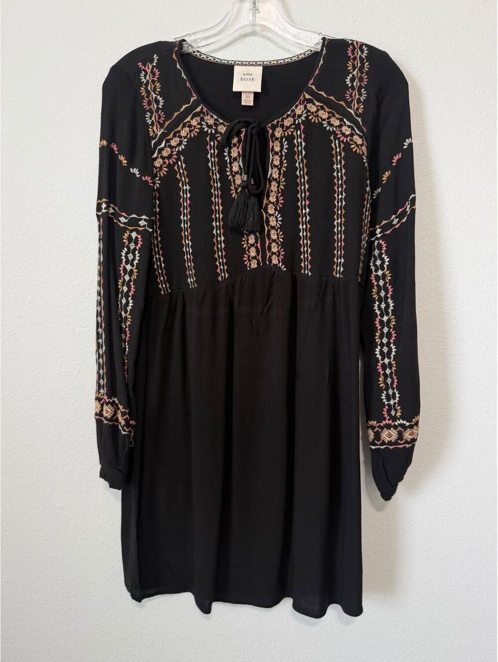 Knox Rose Embroidered Boho Long Sleeve Tie Neck Tunic Mini Dress Women's Size XS